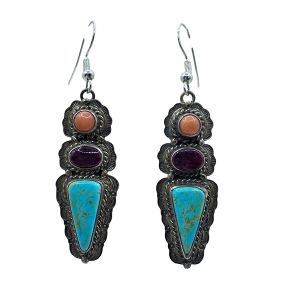 Sterling Silver 3 Stone Stamped Turquoise Coral Sugalite Dangle Earrings Native - Picture 1 of 10